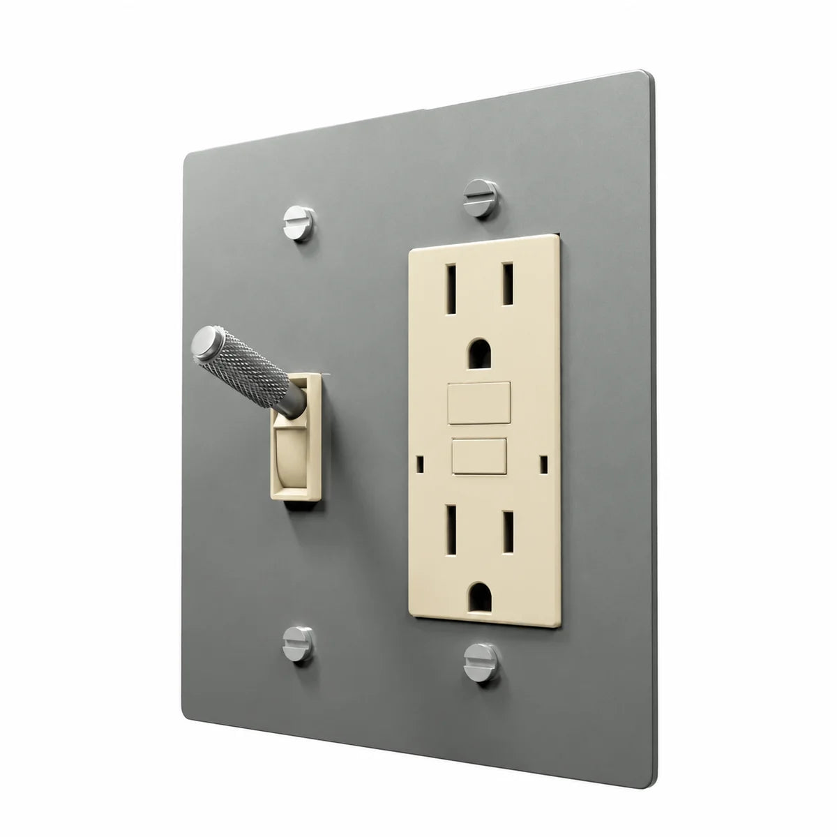 Brass Toggle & Outlet Combo Switch Plate in Stainless Steel with ivory toggle frames and outlet inserts, angled view