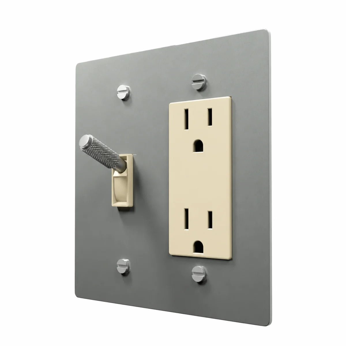 Brass Toggle & Outlet Combo Switch Plate in Stainless Steel with ivory toggle frames and outlet inserts, angled view