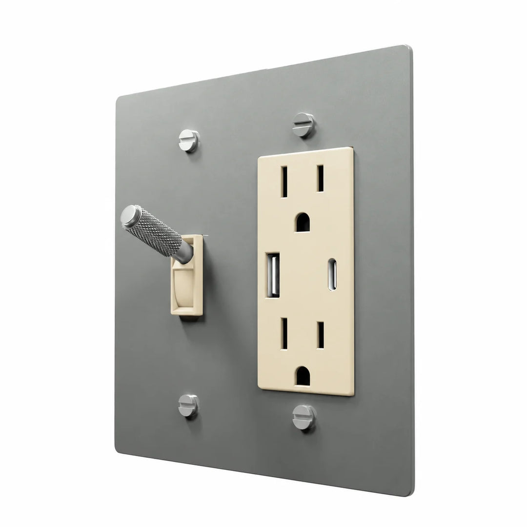 Brass Toggle & Outlet Combo Switch Plate in Stainless Steel with ivory toggle frames and outlet inserts, angled view