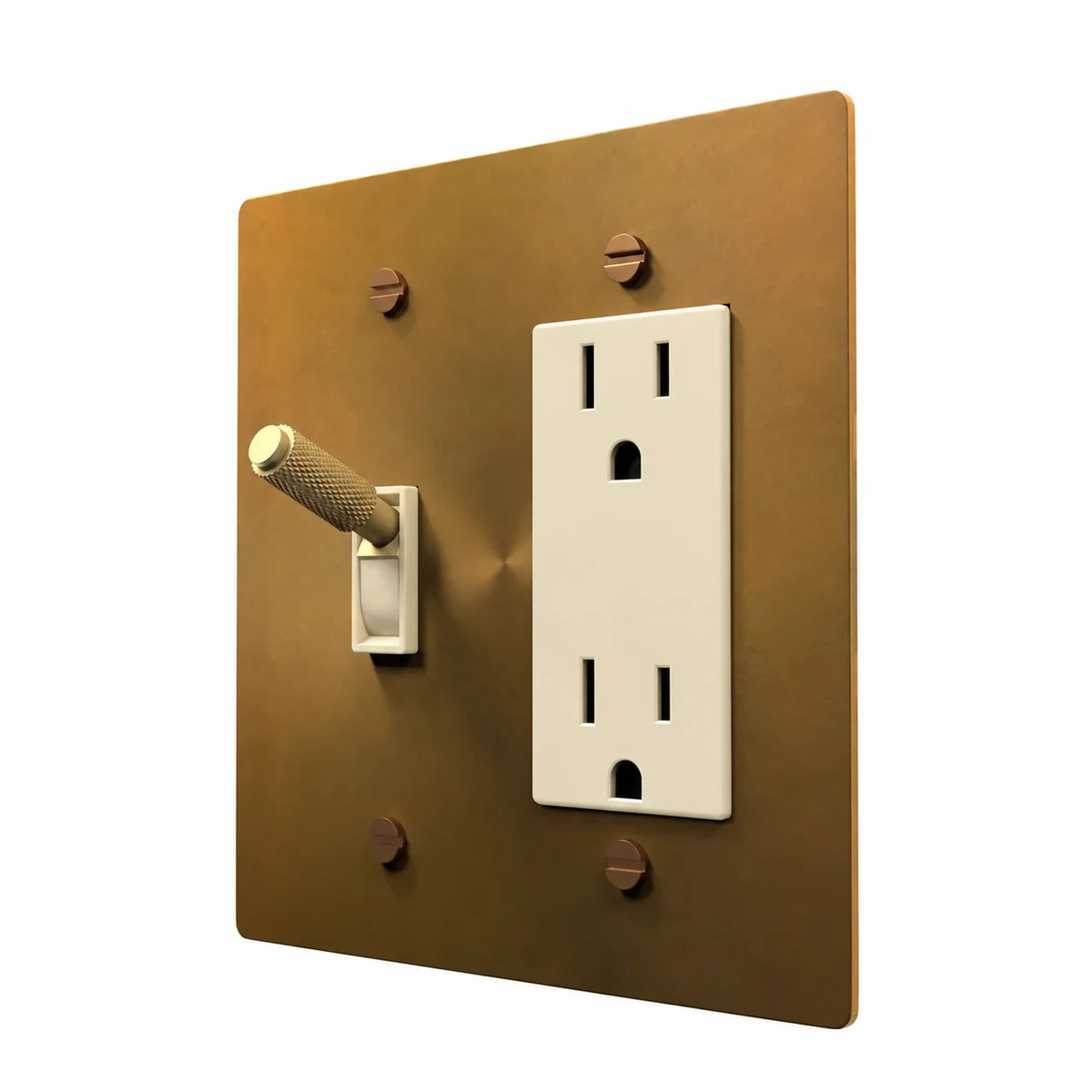 Brass Toggle & Outlet Combo Switch Plate in Unlacquered Aged brass with ivory toggle frames and outlet inserts, angled view