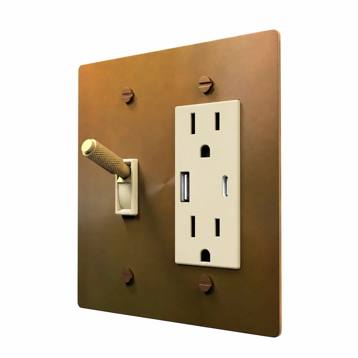 Brass Toggle & Outlet Combo Switch Plate in Unlacquered Aged brass with ivory toggle frames and outlet inserts, angled view