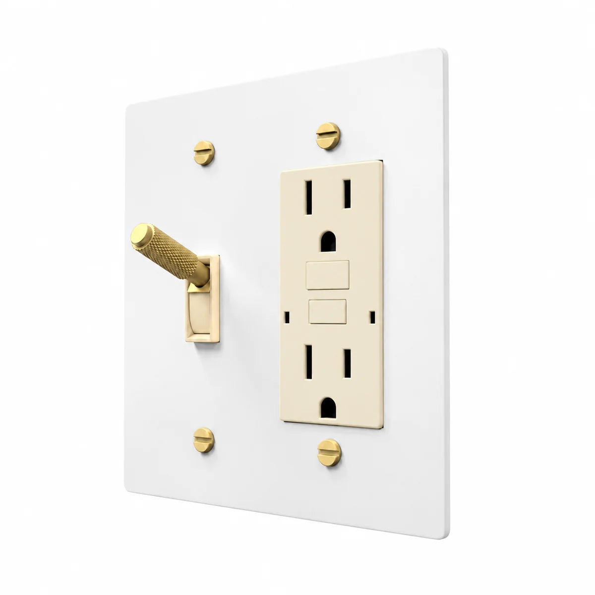 Brass Toggle & Outlet Combo Switch Plate in White / Brass with ivory toggle frames and outlet inserts, angled view