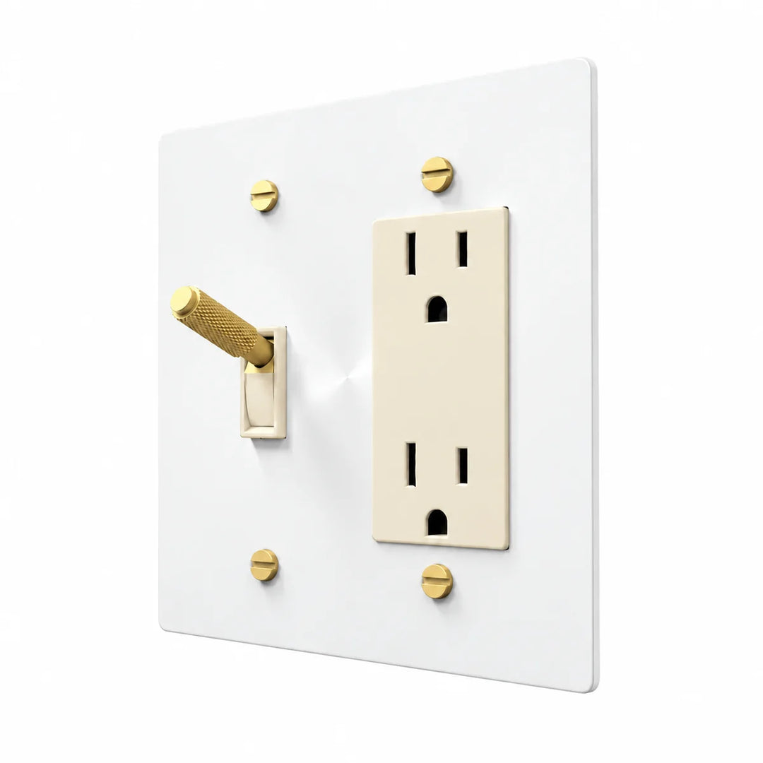 Brass Toggle & Outlet Combo Switch Plate in White / Brass with ivory toggle frames and outlet inserts, angled view