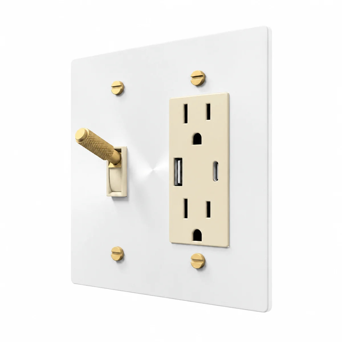Brass Toggle & Outlet Combo Switch Plate in White / Brass with ivory toggle frames and outlet inserts, angled view