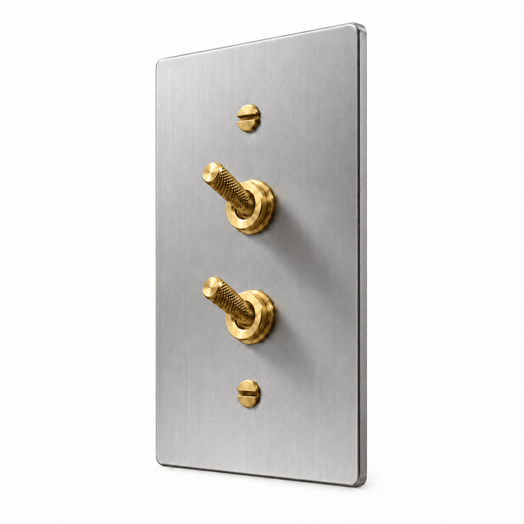 PlatePrestige Double Knurled Toggle Light Switch in Stainless Steel / Brass