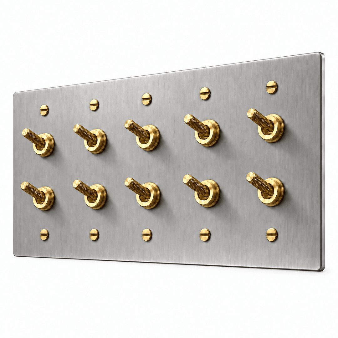 PlatePrestige Double Knurled Toggle Light Switch in Stainless Steel / Brass