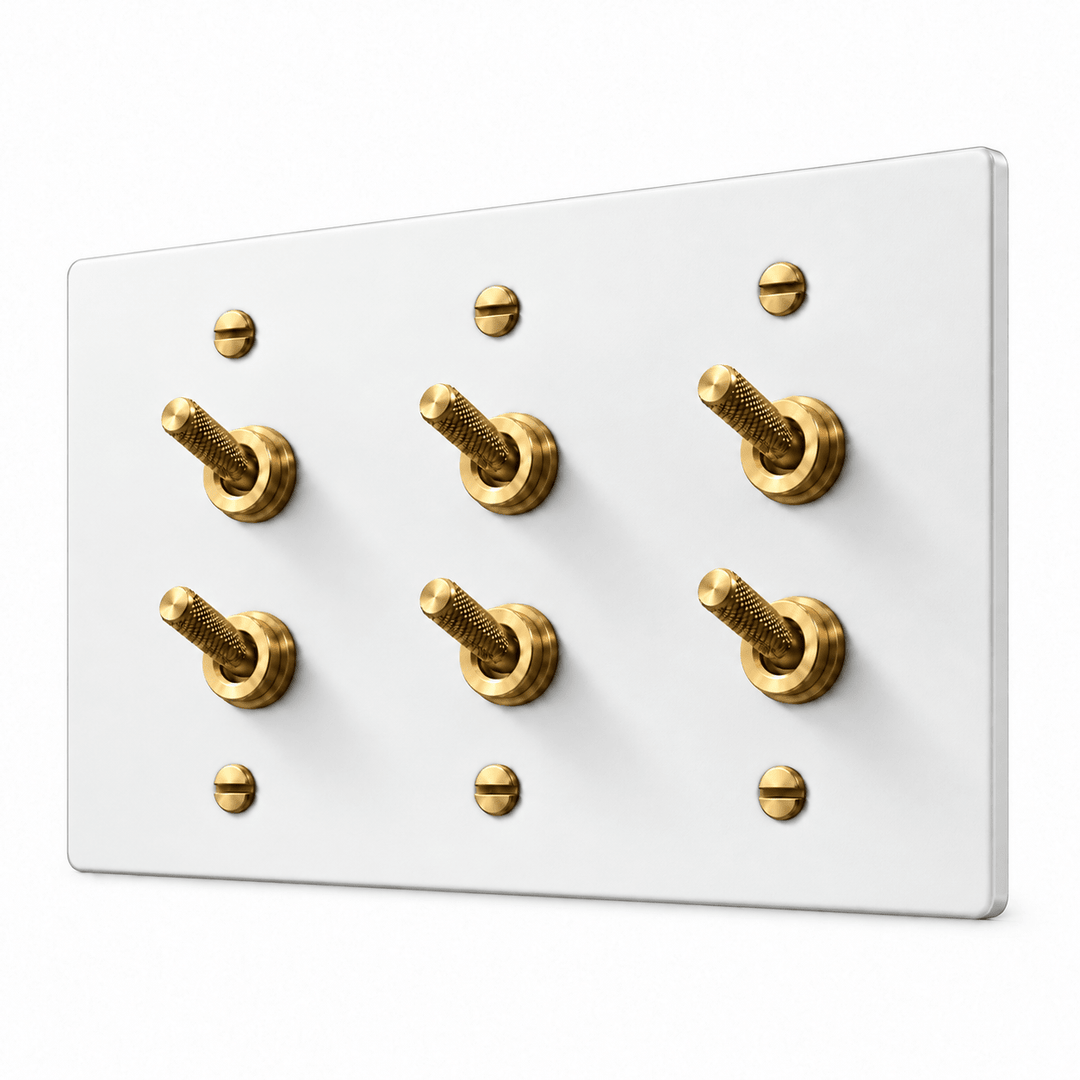 PlatePrestige Double Knurled Toggle Light Switch in White / Brass