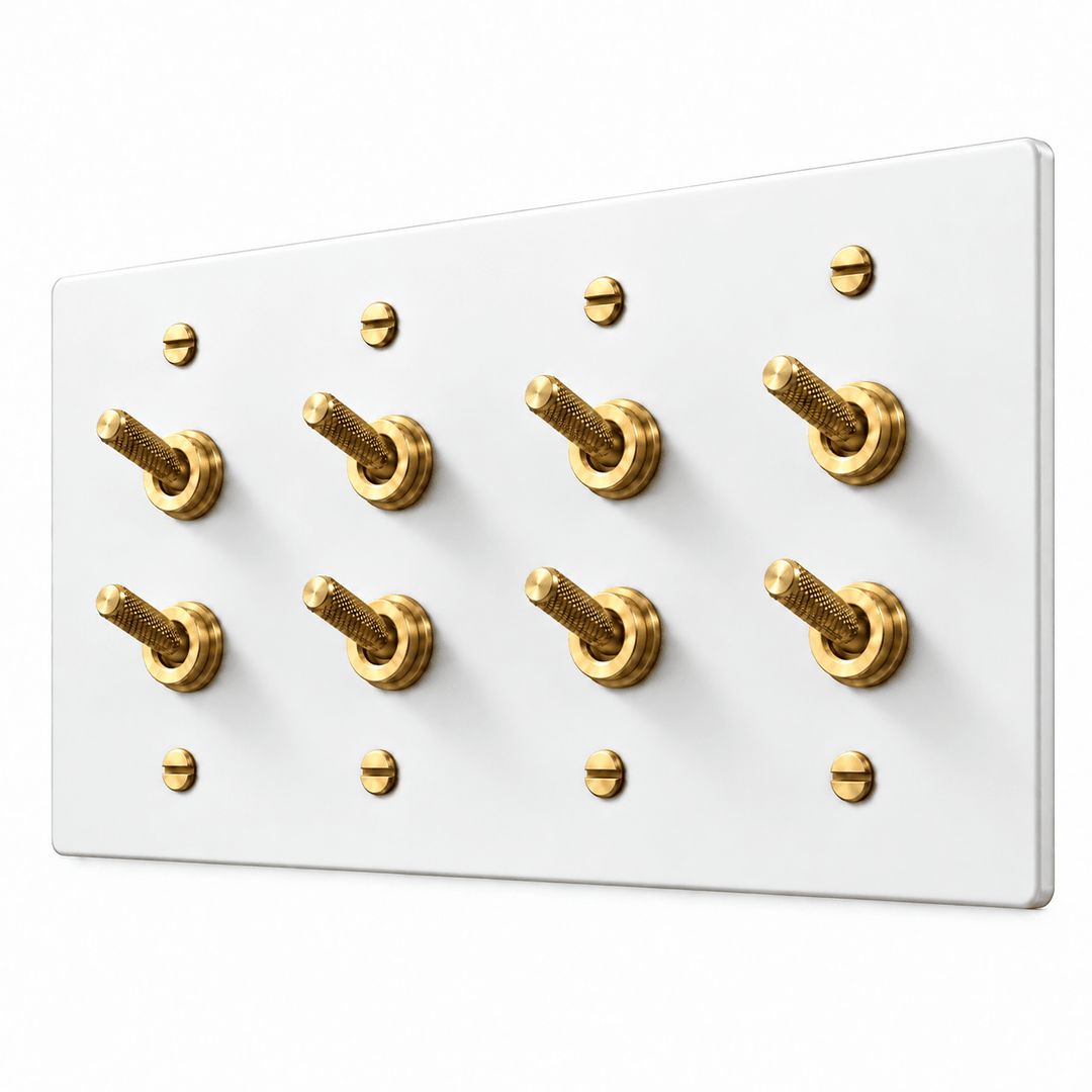 PlatePrestige Double Knurled Toggle Light Switch in White / Brass