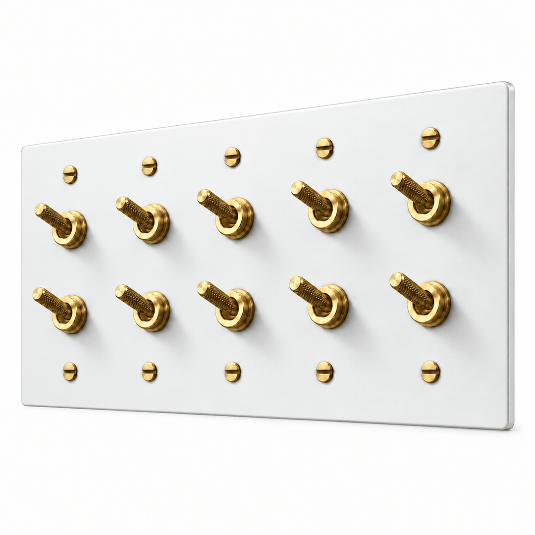 PlatePrestige Double Knurled Toggle Light Switch in White / Brass