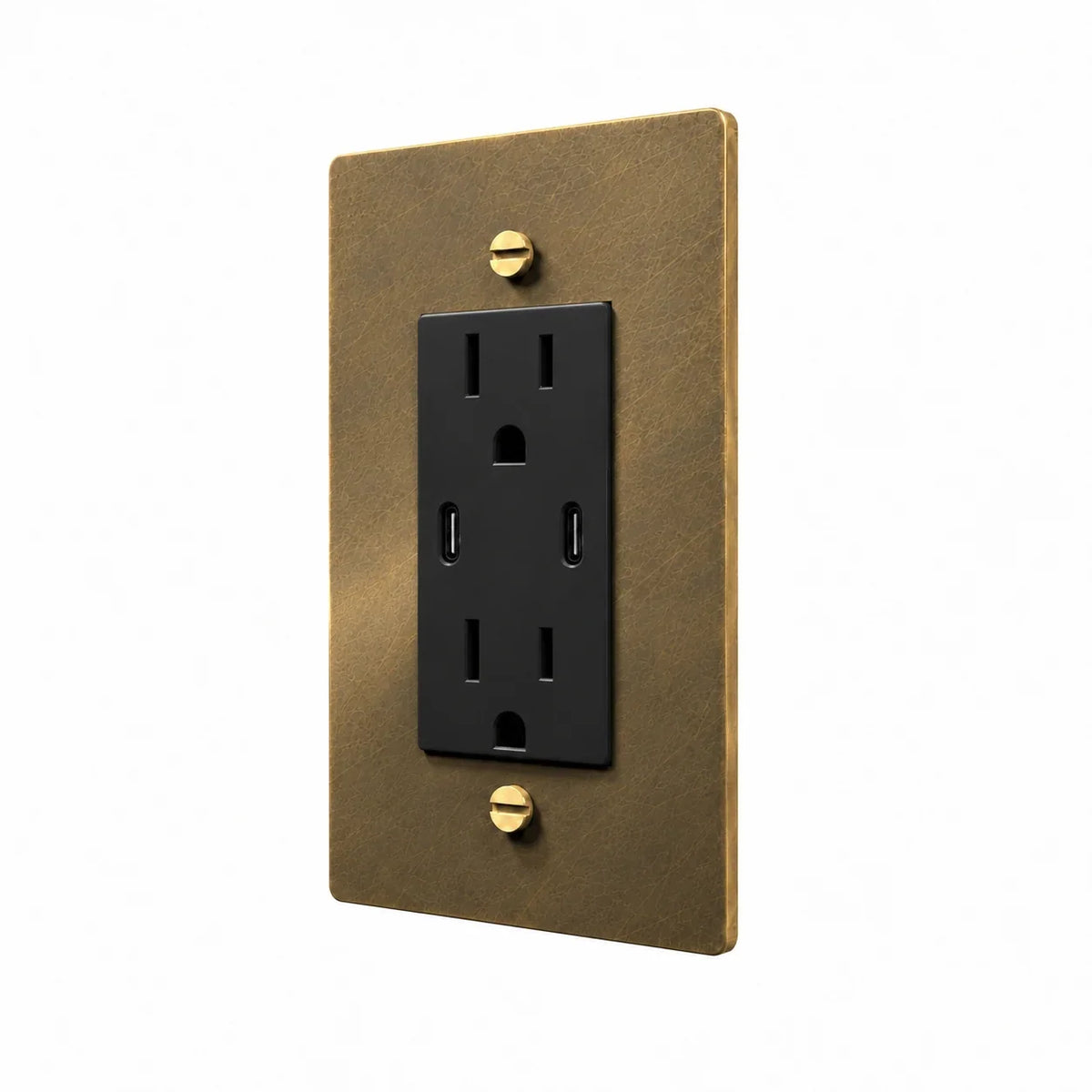 Angle view of PlatePrestige dual USB-C electrical outlet, aged brass wall plate with black receptacle and coordinated screws