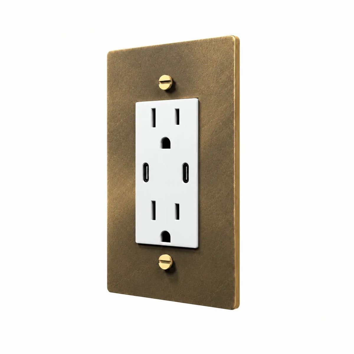 Angle view of PlatePrestige dual USB-C electrical outlet, aged brass wall plate with white receptacle and coordinated screws