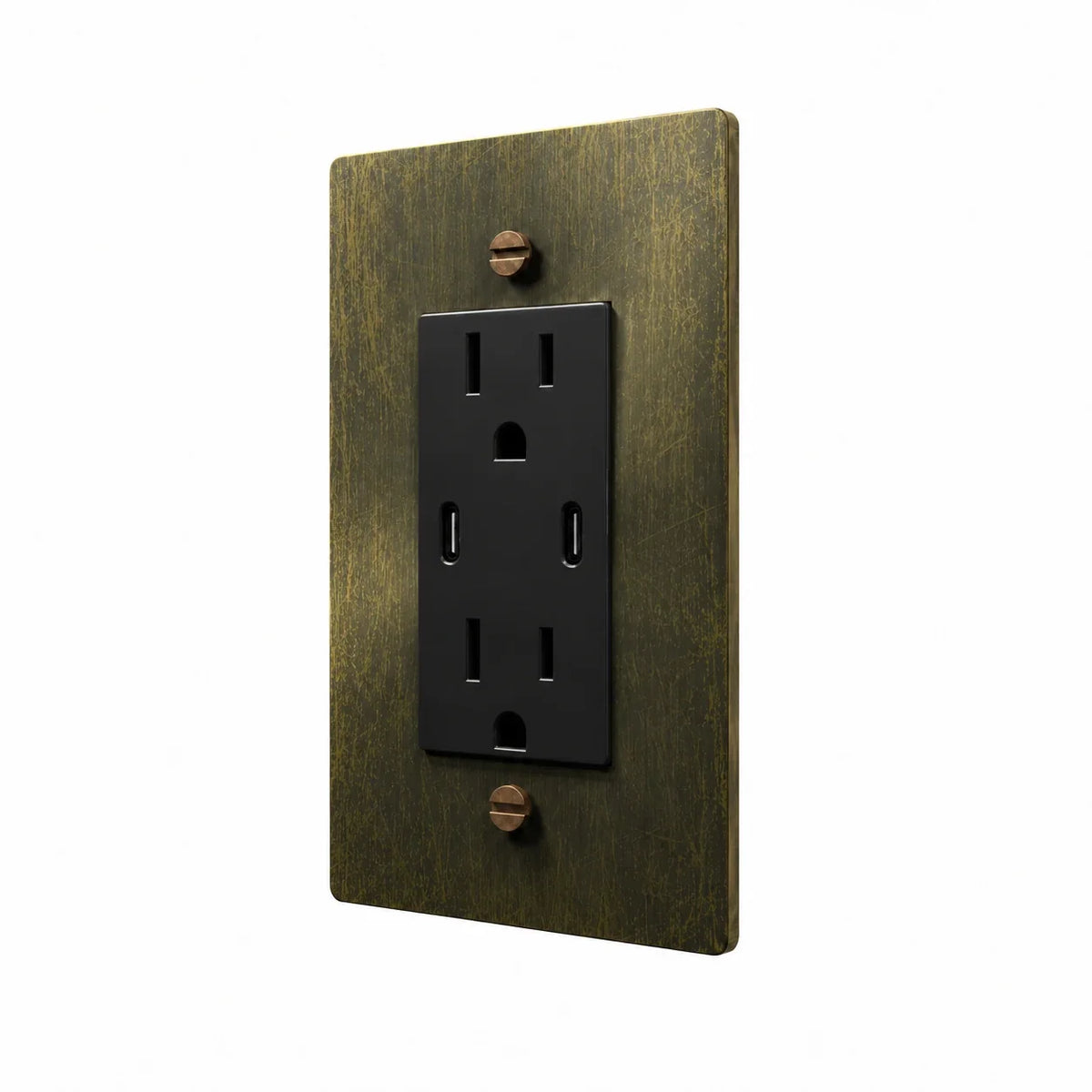 Angle view of PlatePrestige dual USB-C electrical outlet, antique brass wall plate with black receptacle and coordinated screws
