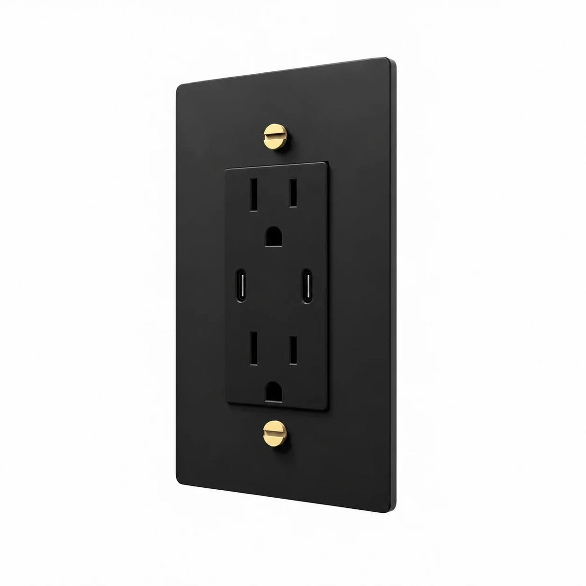 Angle view of PlatePrestige dual USB-C electrical outlet, black / brass wall plate with black receptacle and coordinated screws