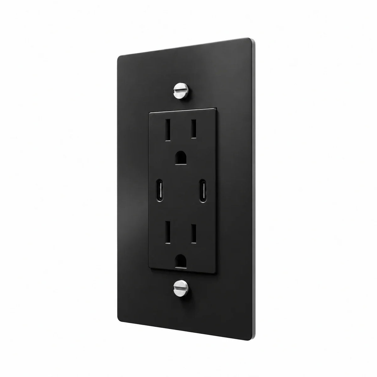 Angle view of PlatePrestige dual USB-C electrical outlet, black / stainless wall plate with black receptacle and coordinated screws