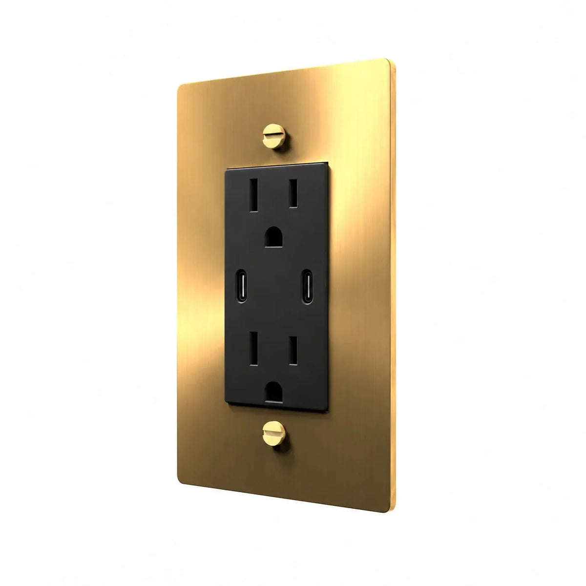 Angle view of PlatePrestige dual USB-C electrical outlet, brass wall plate with black receptacle and coordinated screws