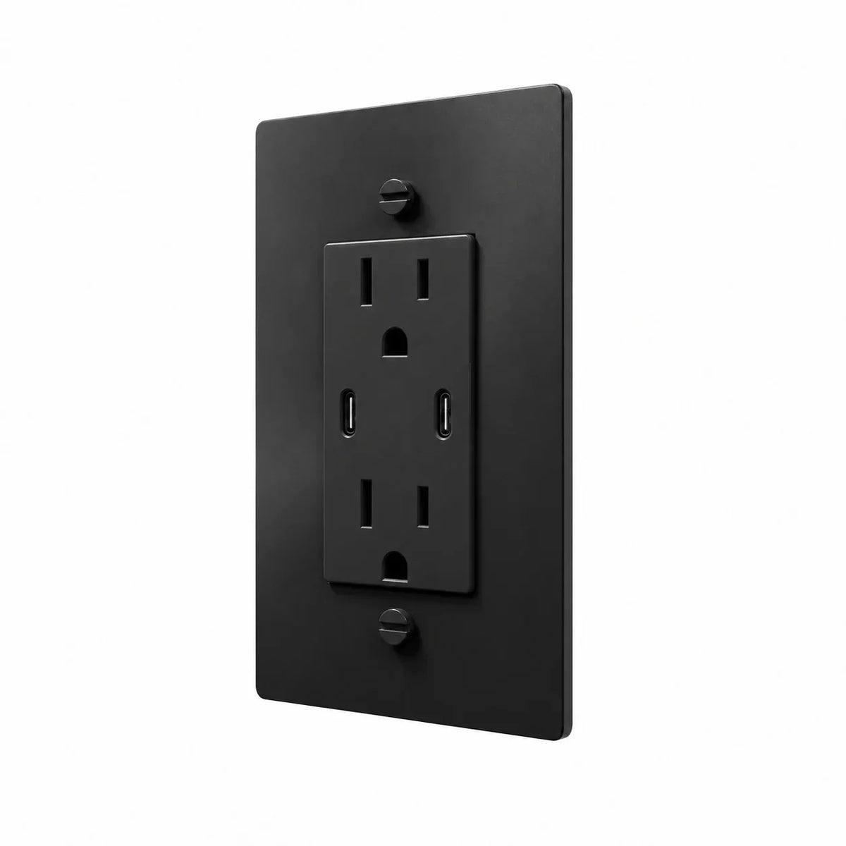 Angle view of PlatePrestige dual USB-C electrical outlet, matte black wall plate with black receptacle and coordinated screws