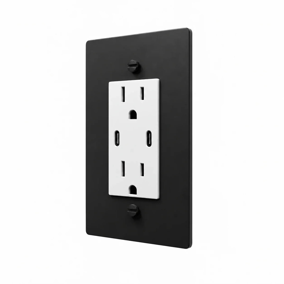 Angle view of PlatePrestige dual USB-C electrical outlet, matte black wall plate with white receptacle and coordinated screws