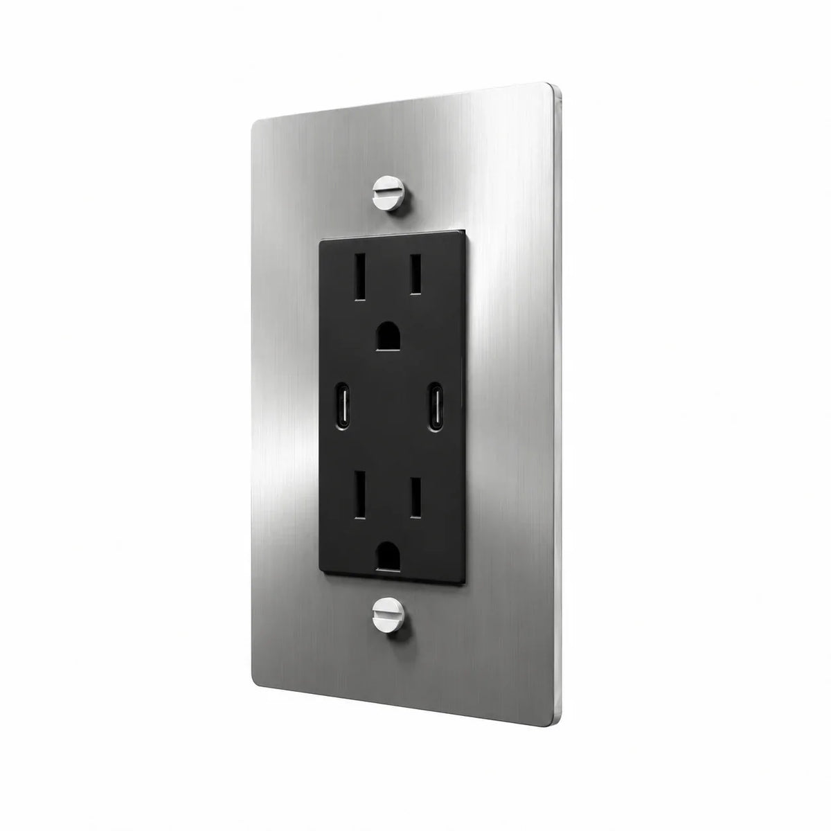 Angle view of PlatePrestige dual USB-C electrical outlet, stainless steel wall plate with black receptacle and coordinated screws