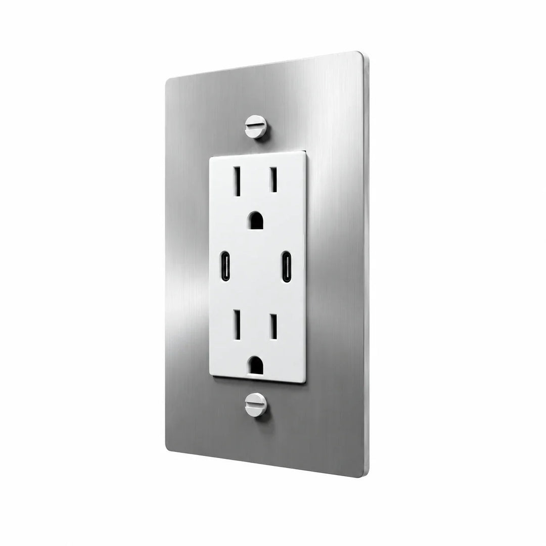 Angle view of PlatePrestige dual USB-C electrical outlet, stainless steel wall plate with white receptacle and coordinated screws