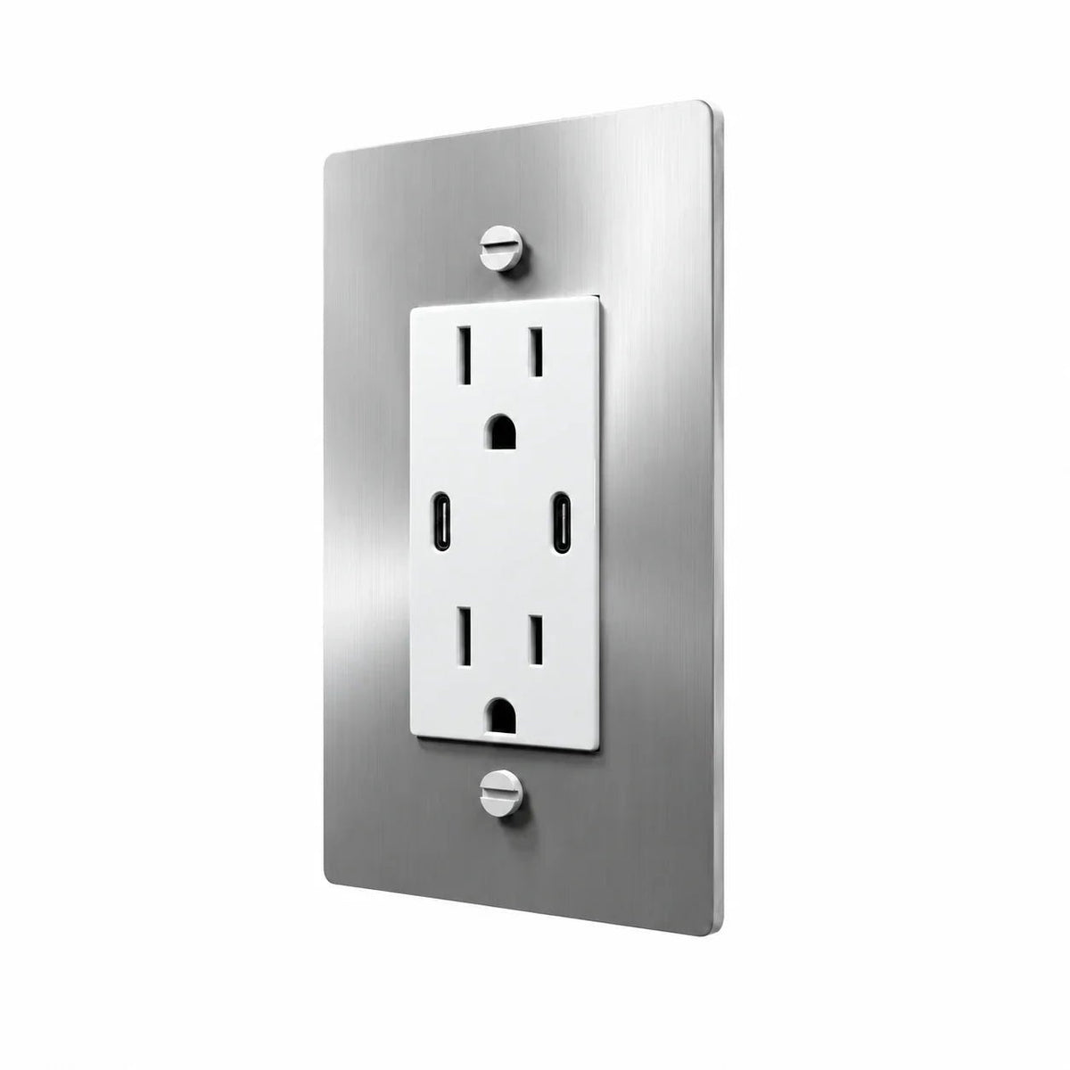 Angle view of PlatePrestige dual USB-C electrical outlet, stainless steel wall plate with white receptacle and coordinated screws