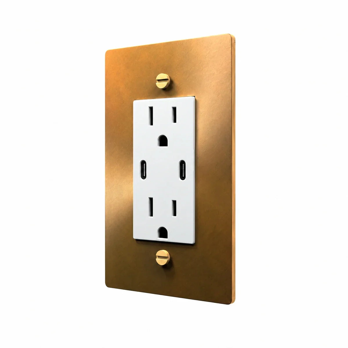 Angle view of PlatePrestige dual USB-C electrical outlet, unlacquered aged brass wall plate with white receptacle and coordinated screws
