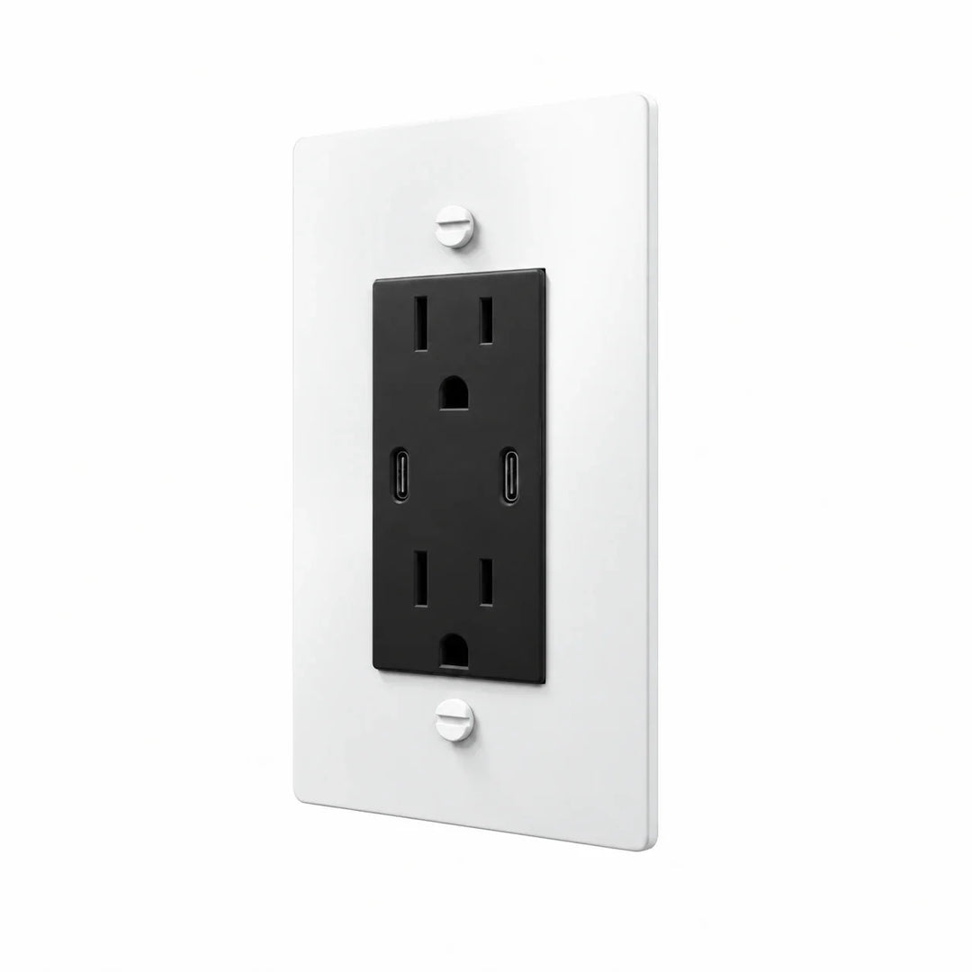 Angle view of PlatePrestige dual USB-C electrical outlet, white wall plate with black receptacle and coordinated screws