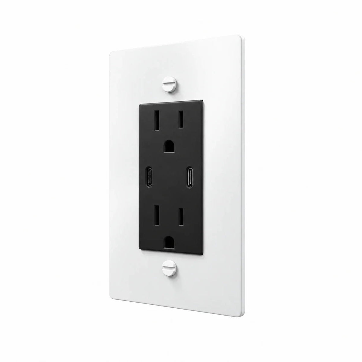 Angle view of PlatePrestige dual USB-C electrical outlet, white wall plate with black receptacle and coordinated screws