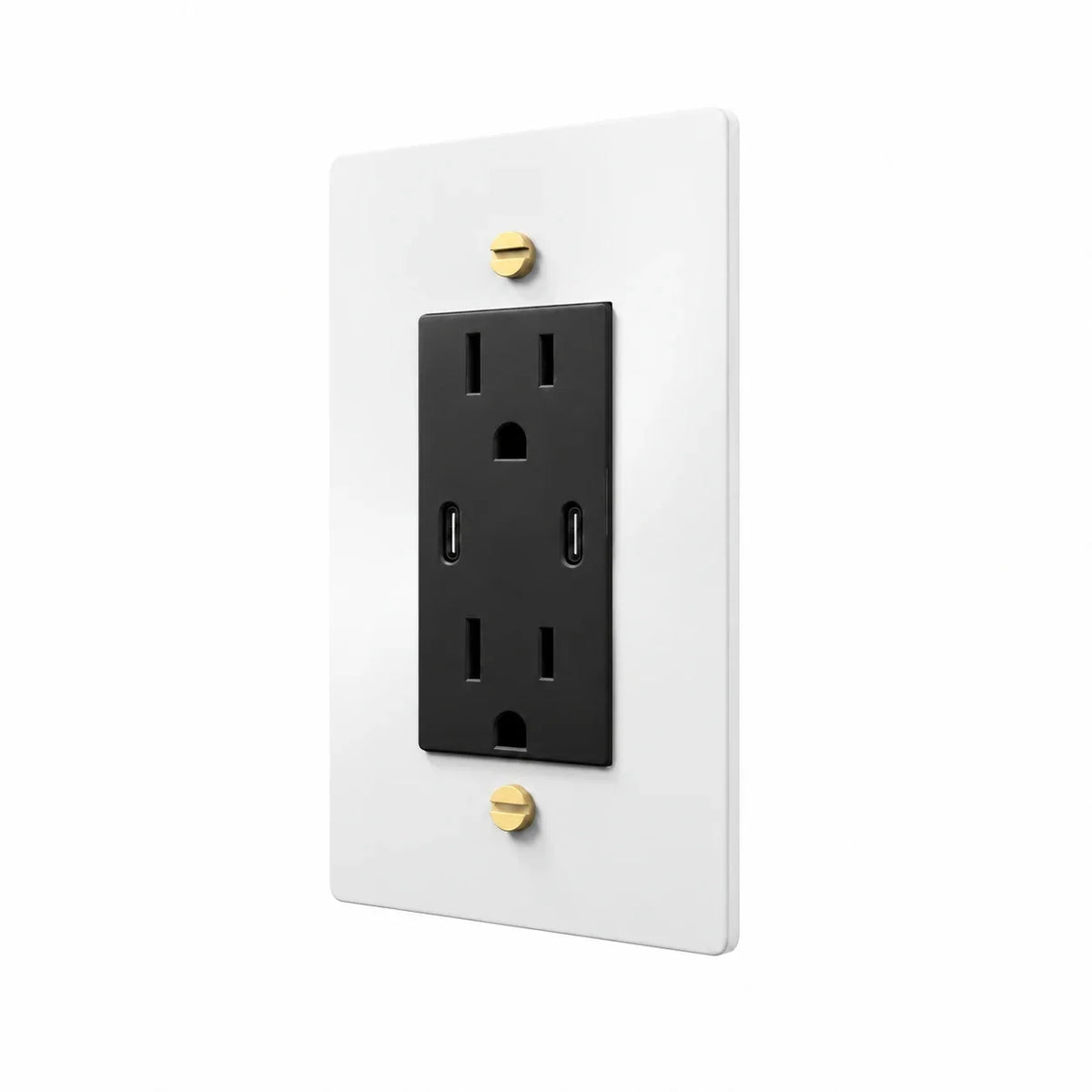 Angle view of PlatePrestige dual USB-C electrical outlet, white / brass wall plate with black receptacle and coordinated screws