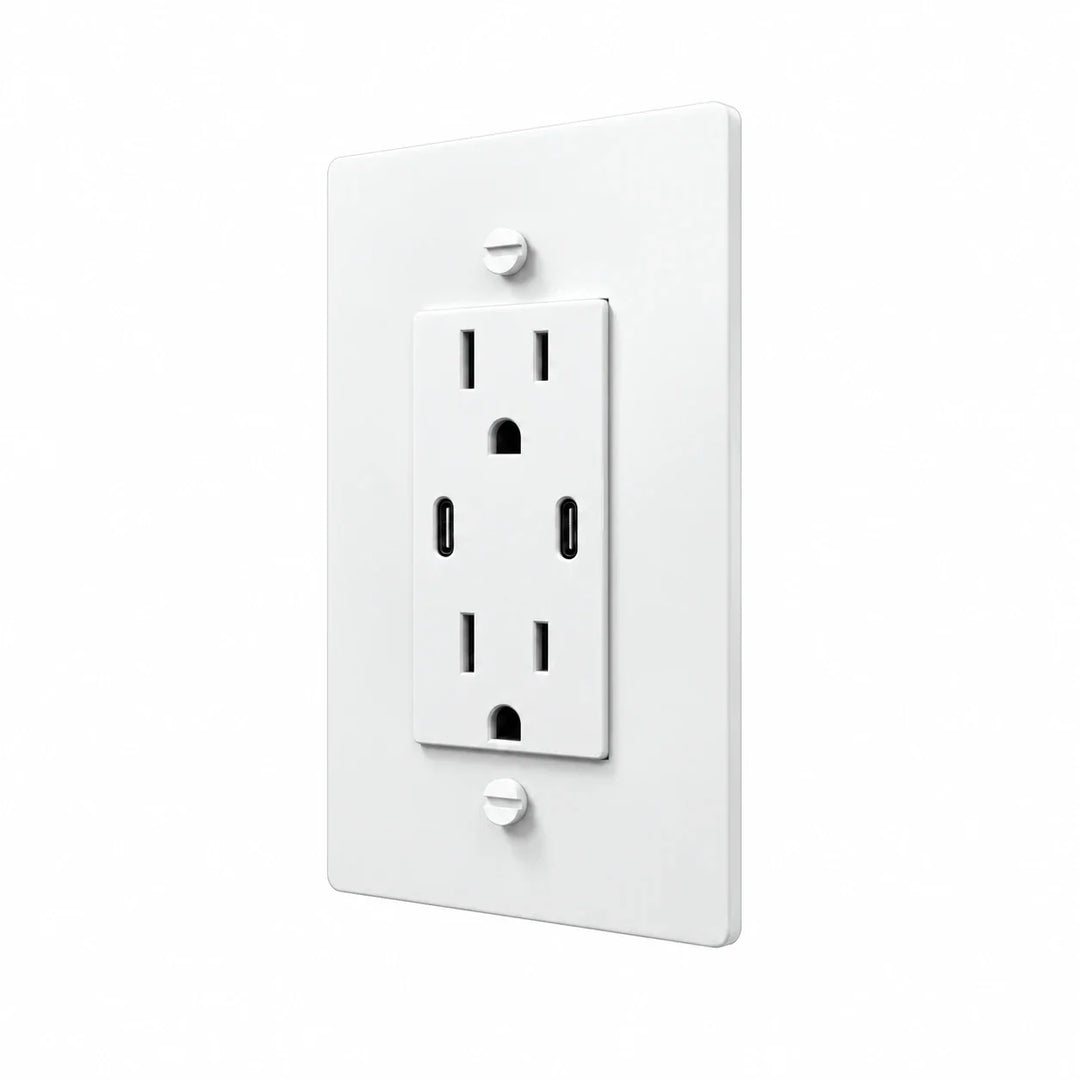 Angle view of PlatePrestige dual USB-C electrical outlet, white wall plate with white receptacle and coordinated screws