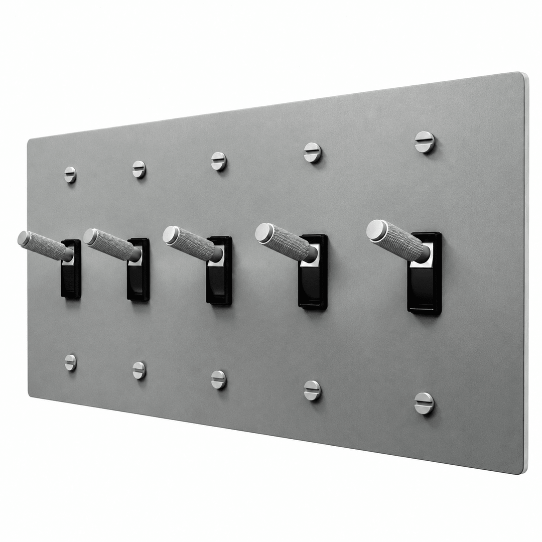 5 gang stainless steel plate with five knurled stainless steel toggles and matching screws