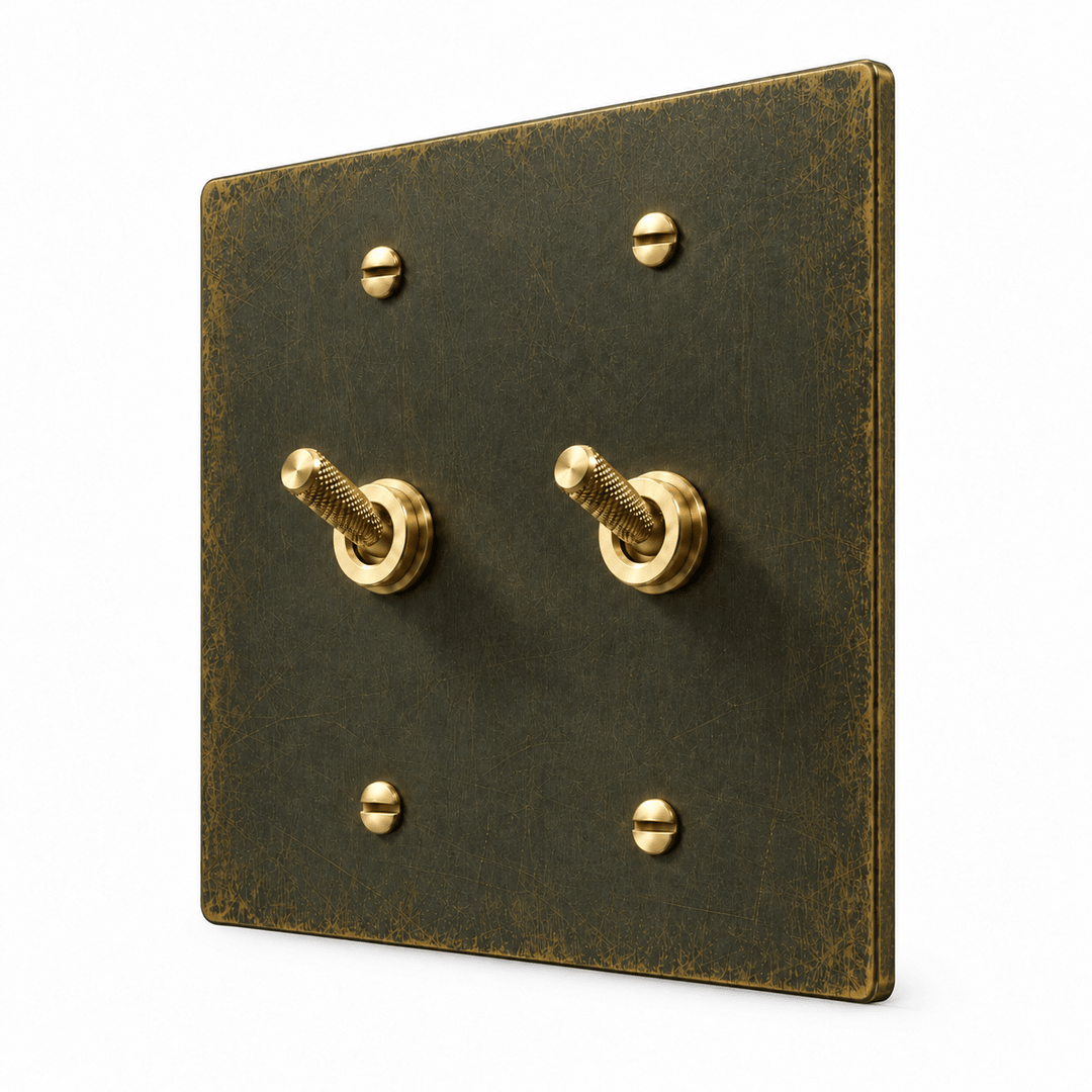 PlatePrestige 2-gang Knurled Toggle Light Switch in Antique Brass