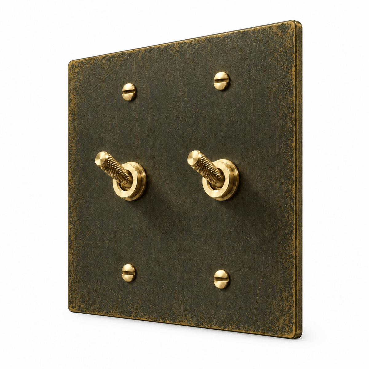 PlatePrestige 2-gang Knurled Toggle Light Switch in Antique Brass