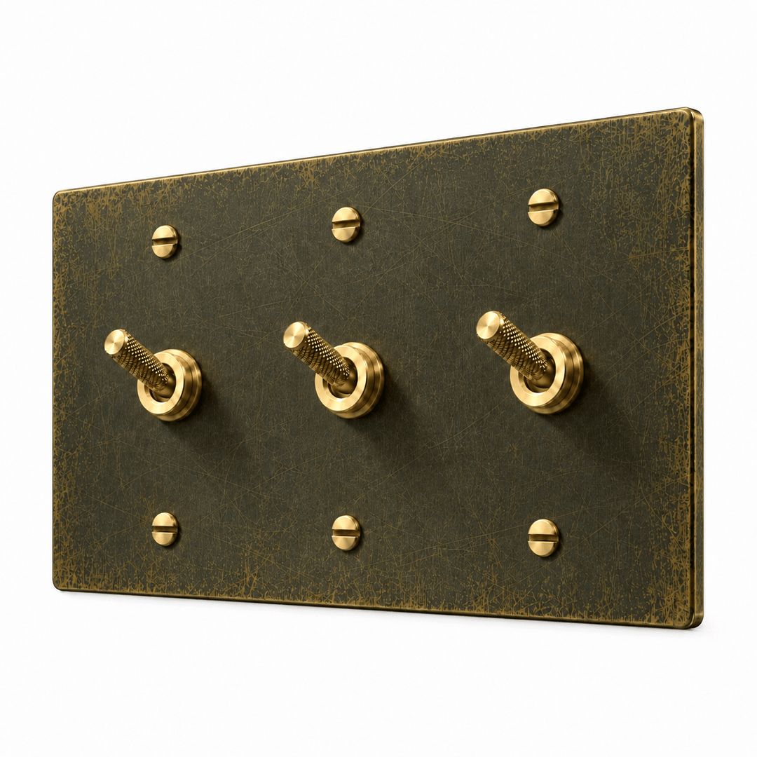 PlatePrestige 3-gang Knurled Toggle Light Switch in Antique Brass