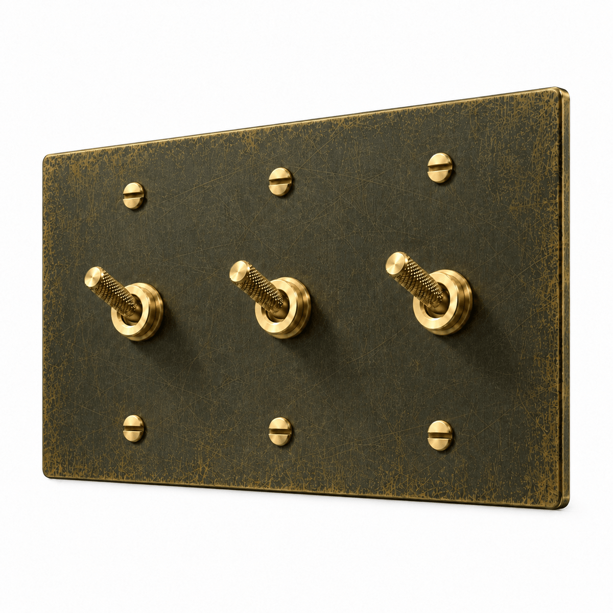 PlatePrestige 3-gang Knurled Toggle Light Switch in Antique Brass