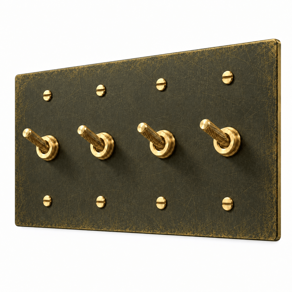 PlatePrestige 4-gang Knurled Toggle Light Switch in Antique Brass