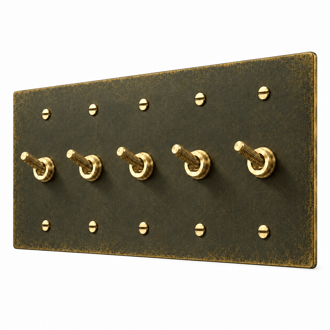 PlatePrestige 5-gang Knurled Toggle Light Switch in Antique Brass