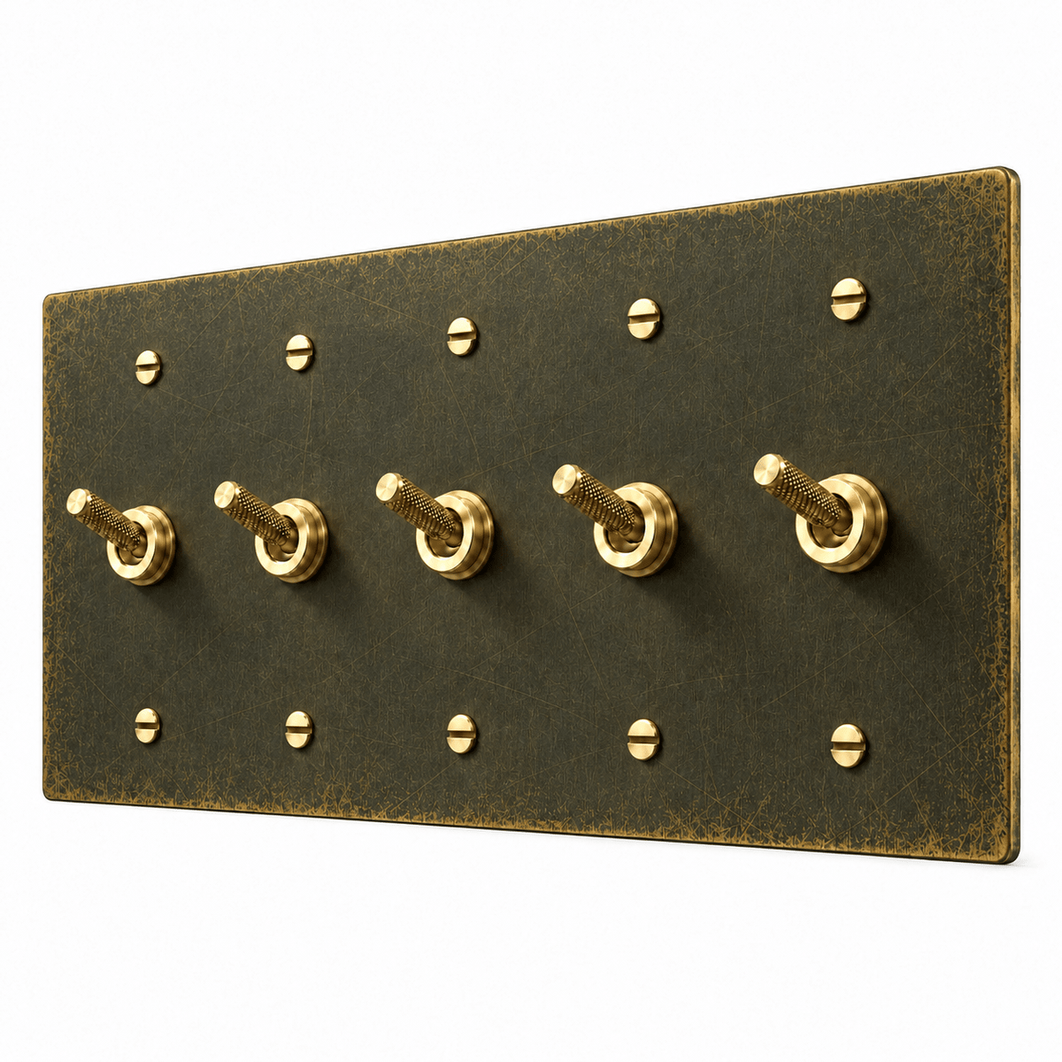 PlatePrestige 5-gang Knurled Toggle Light Switch in Antique Brass