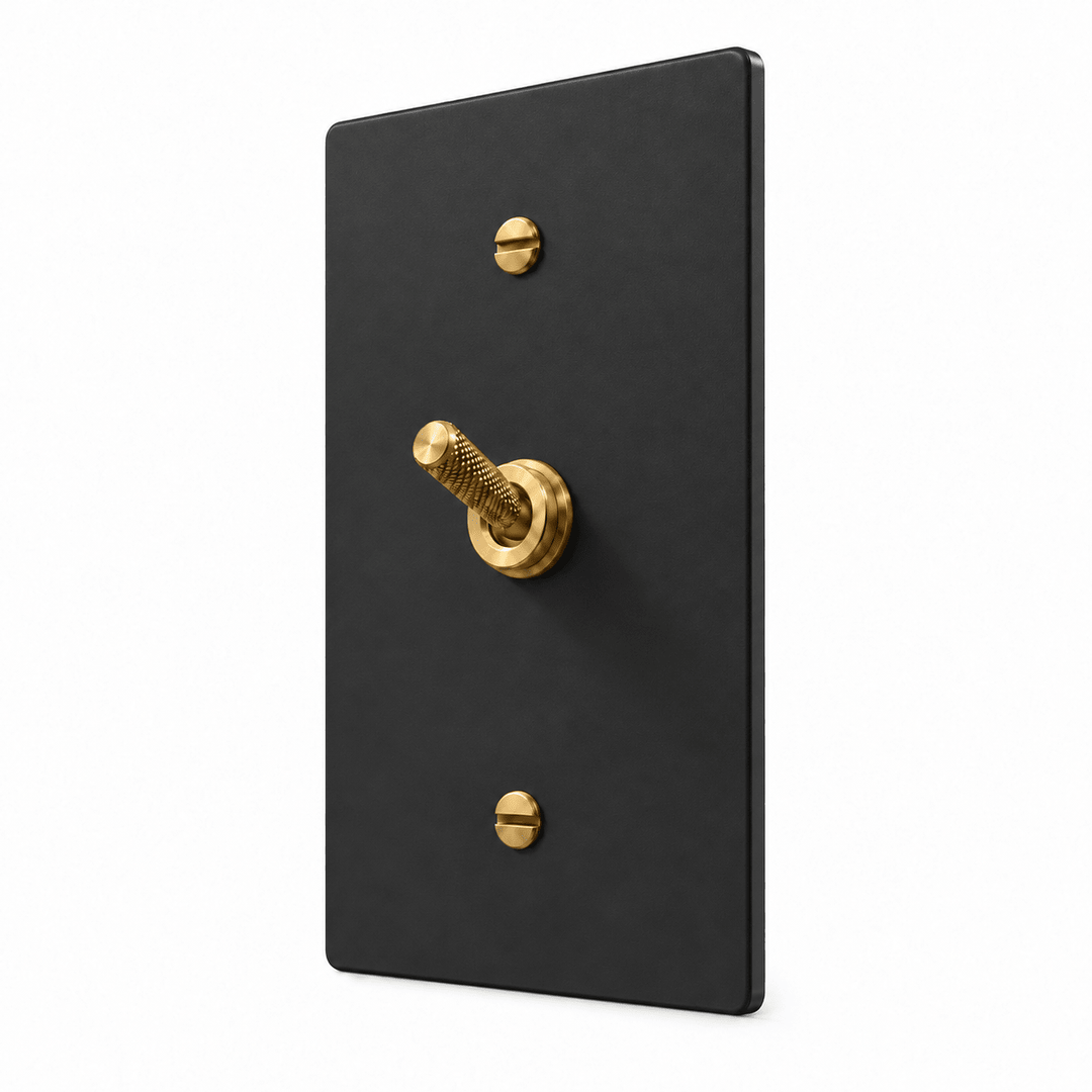PlatePrestige 1-gang Knurled Toggle Light Switch in Black / Brass