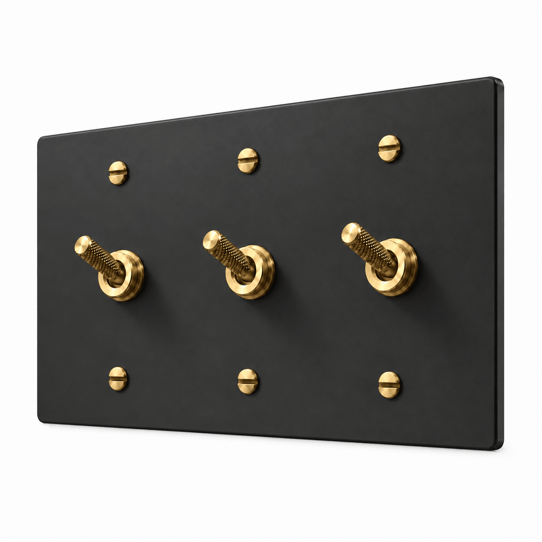 PlatePrestige 3-gang Knurled Toggle Light Switch in Black / Brass