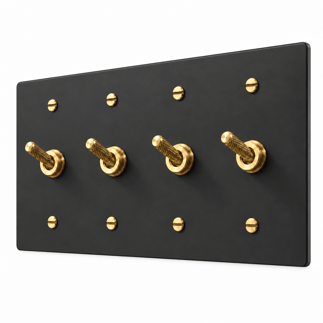 PlatePrestige 4-gang Knurled Toggle Light Switch in Black / Brass