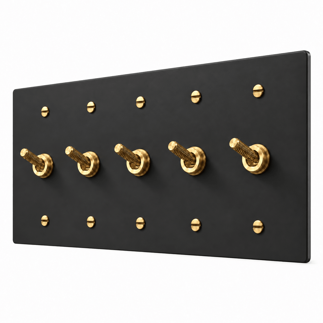 PlatePrestige 5-gang Knurled Toggle Light Switch in Black / Brass