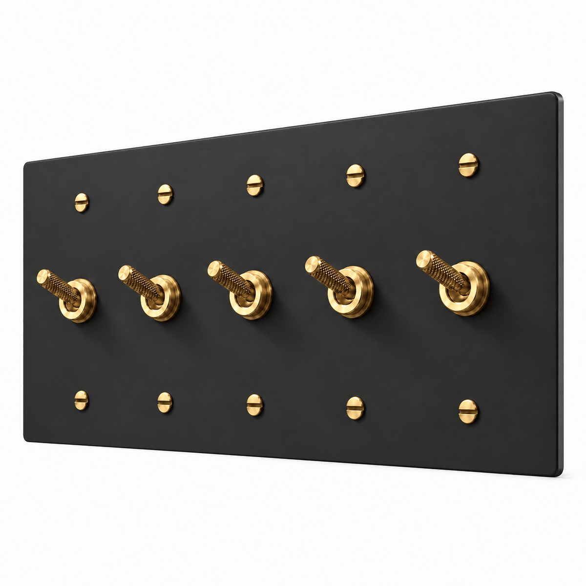 PlatePrestige 5-gang Knurled Toggle Light Switch in Black / Brass