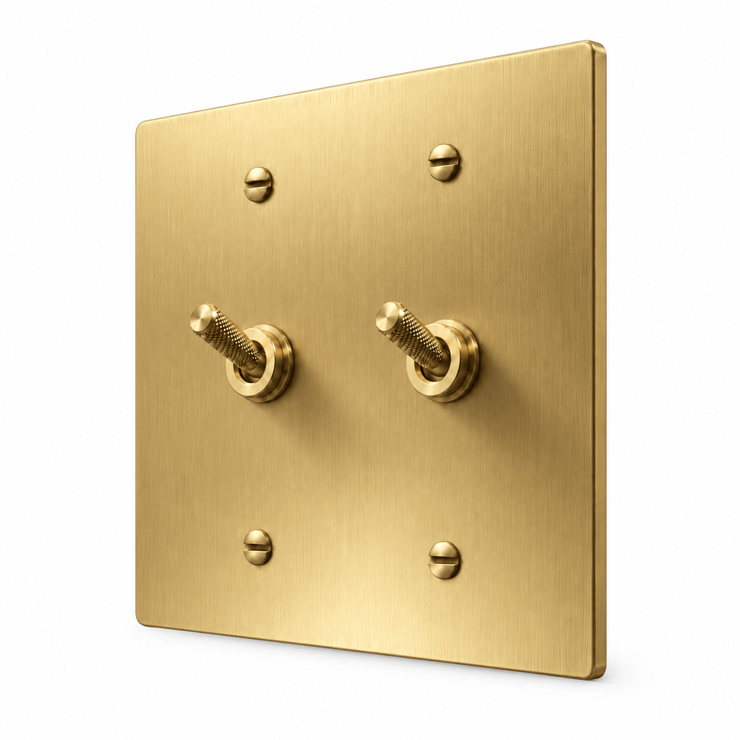 PlatePrestige 2-gang Knurled Toggle Light Switch in Brass