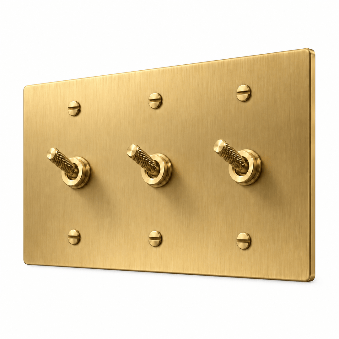 PlatePrestige 3-gang Knurled Toggle Light Switch in Brass