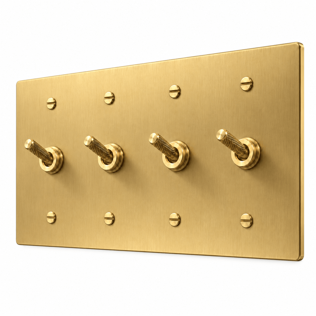 PlatePrestige 4-gang Knurled Toggle Light Switch in Brass