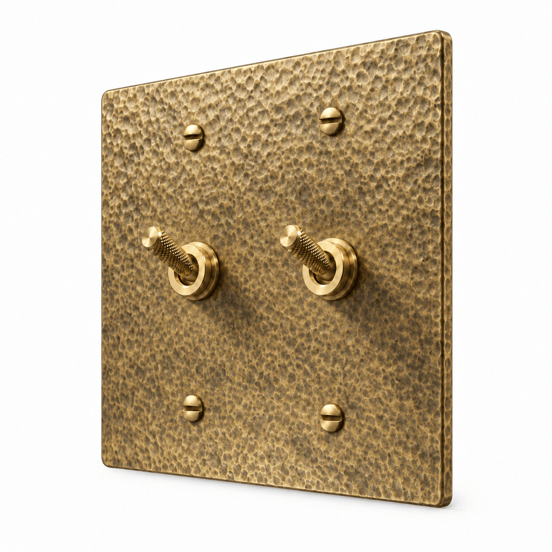 PlatePrestige 2-gang Knurled Toggle Light Switch in Hammered Antique Brass