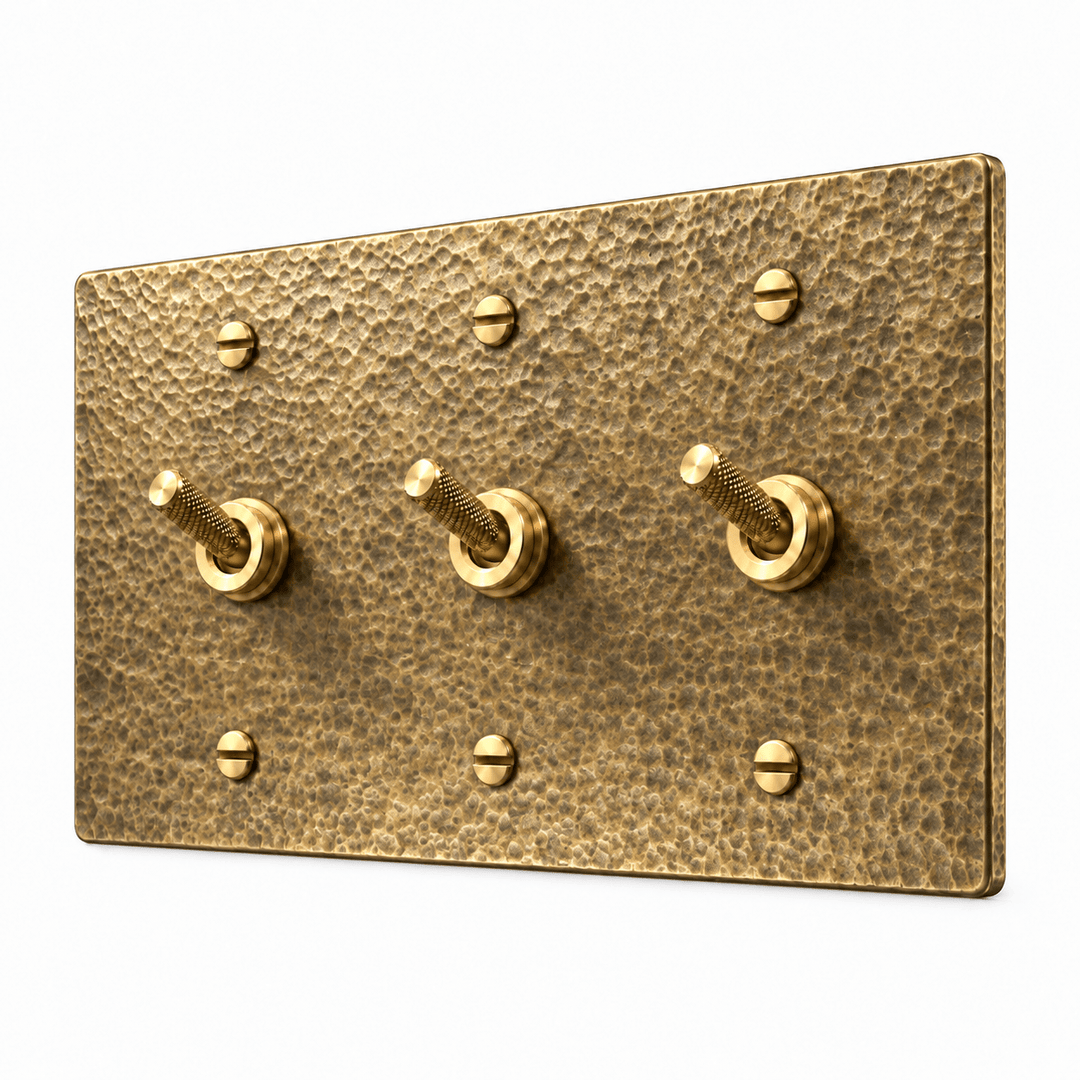 PlatePrestige 3-gang Knurled Toggle Light Switch in Hammered Antique Brass