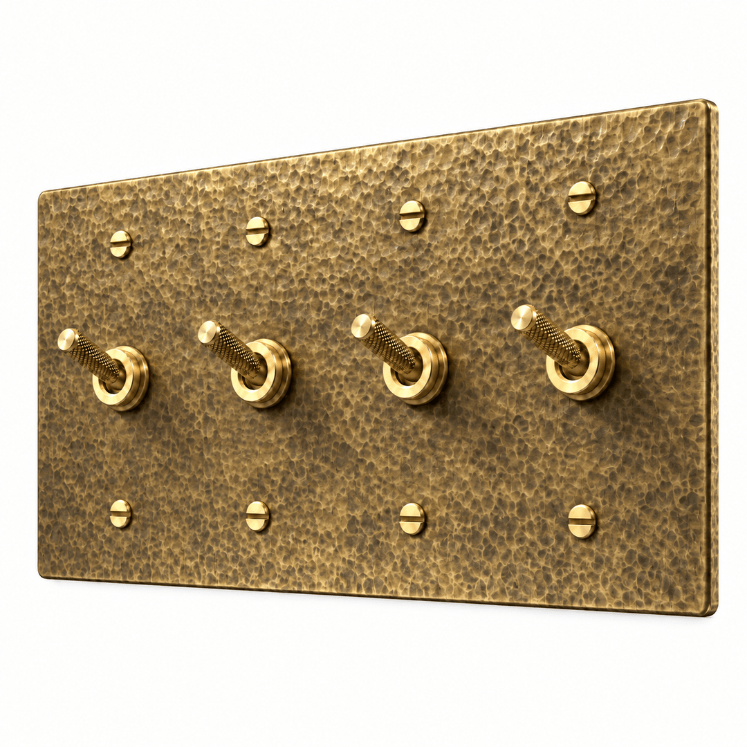 PlatePrestige 4-gang Knurled Toggle Light Switch in Hammered Antique Brass