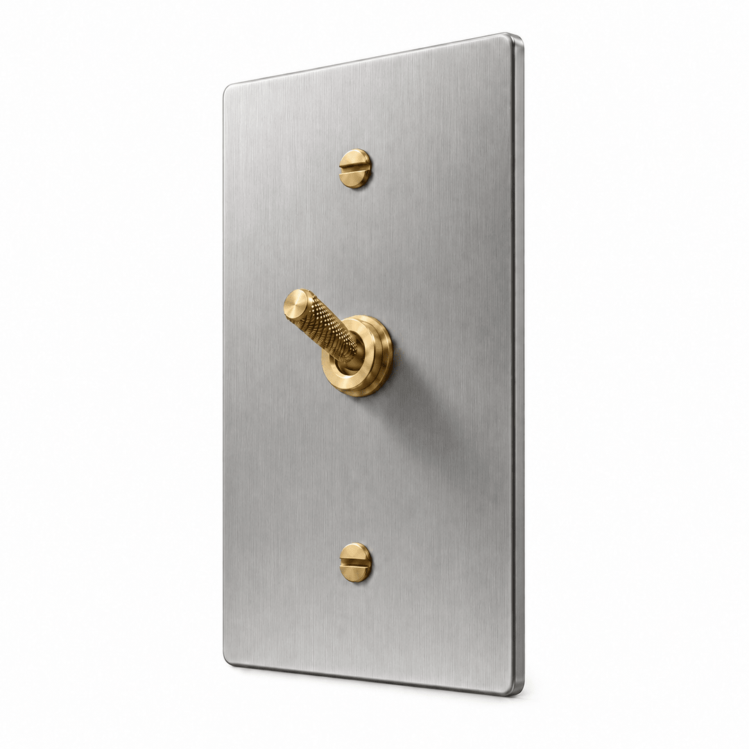 PlatePrestige 1-gang Knurled Toggle Light Switch in Stainless Steel / Brass