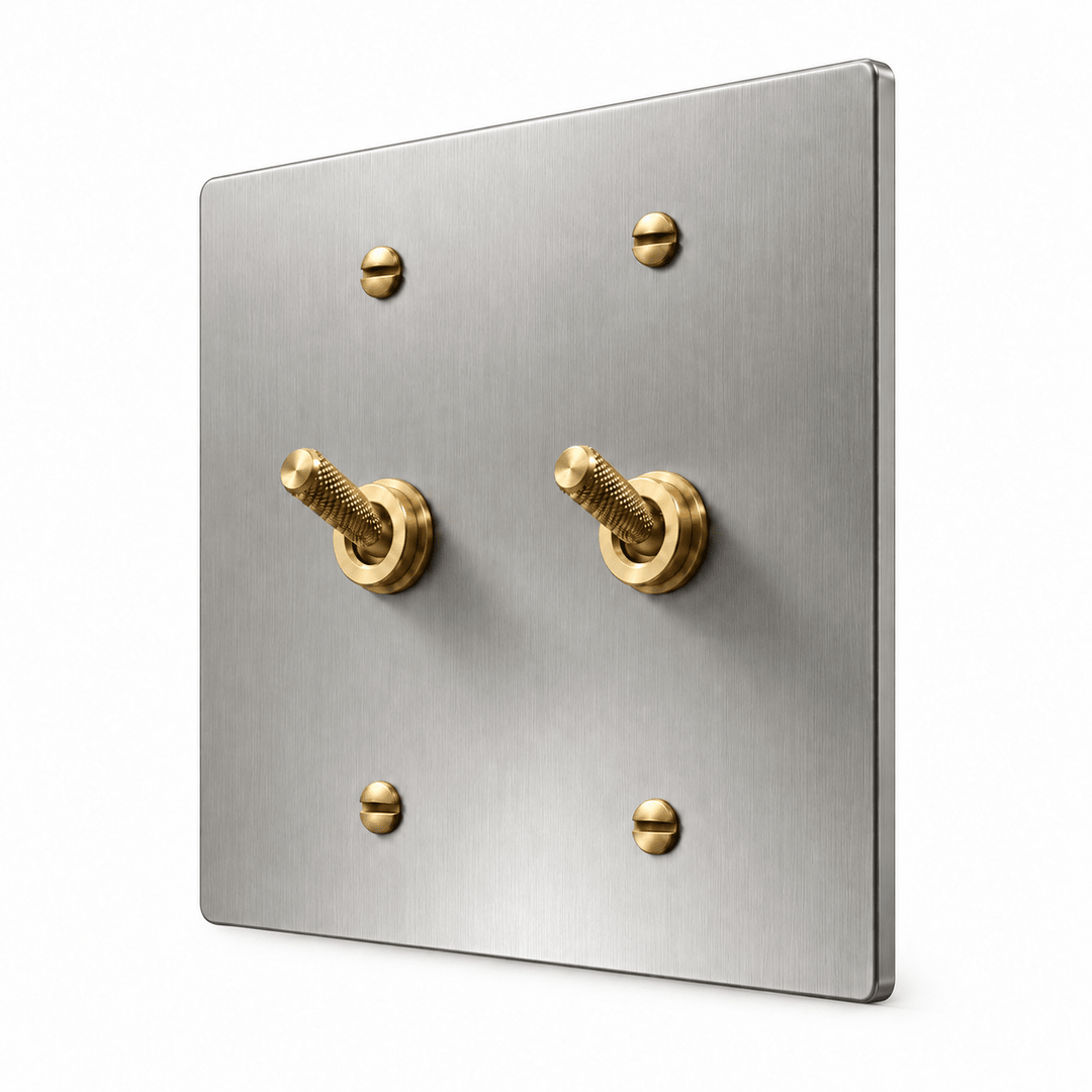 PlatePrestige 2-gang Knurled Toggle Light Switch in Stainless Steel / Brass